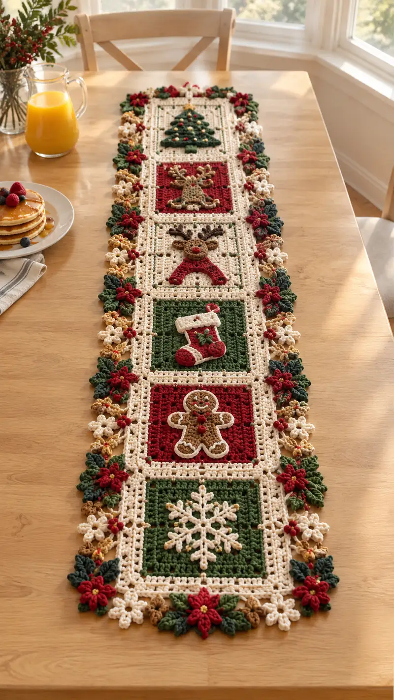 Forest Green Ivory Christmas Square Table Runner Pattern crochet pattern - detailed view of completed project