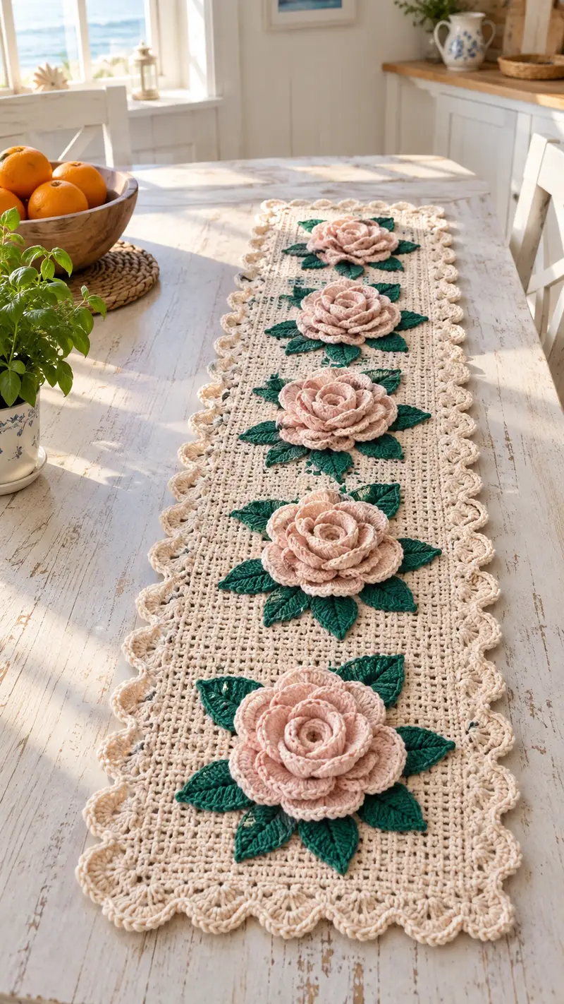 Vintage Rose Table Runner Pattern crochet pattern - detailed view of completed project