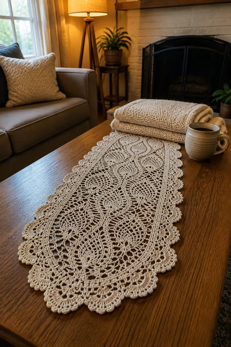 Elegant Pineapple Doily Table Runner Pattern crochet pattern - detailed view of completed project