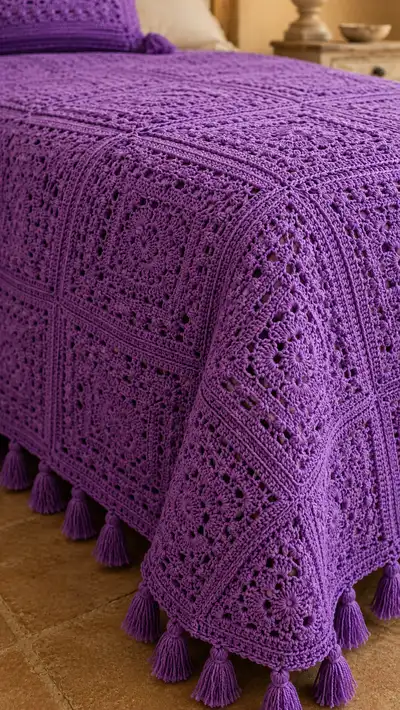 Vibrant Lavender Granny Square Bedspread Pattern step 2 - assembly progress