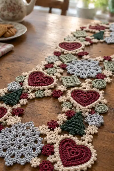 Scandinavian Heart Crochet Christmas Table Runner Pattern step 2 - assembly progress