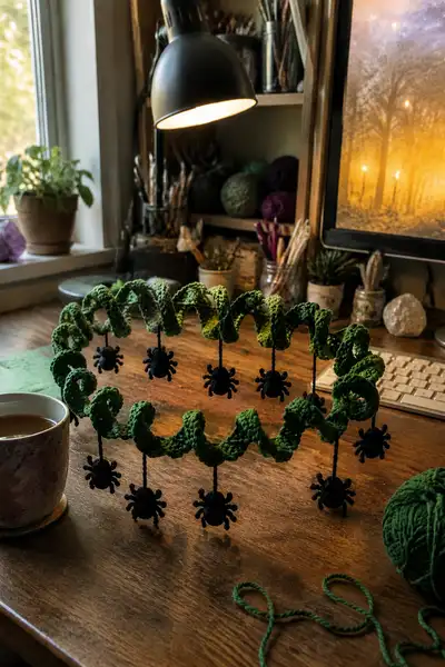 Green Spiral Halloween Garland with Dangling Spiders Pattern step 1 - construction progress
