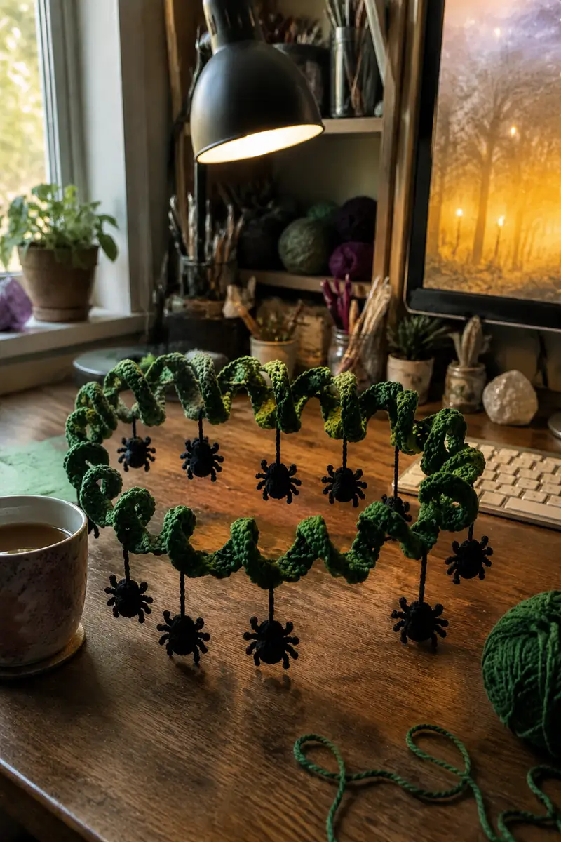 Green Spiral Halloween Garland with Dangling Spiders Pattern crochet pattern - detailed view of completed project