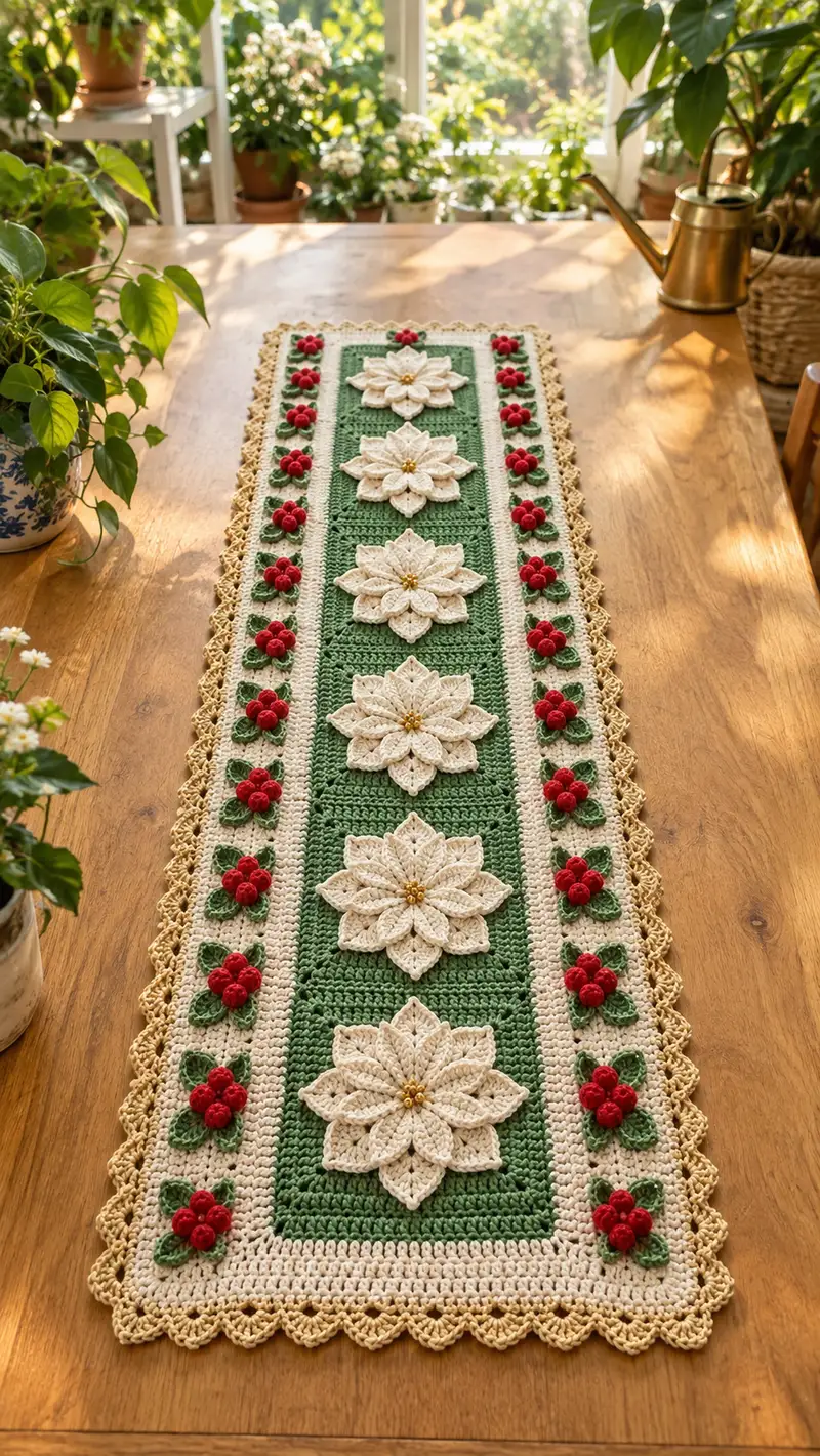 Poinsettia Table Runner Pattern crochet pattern - detailed view of completed project