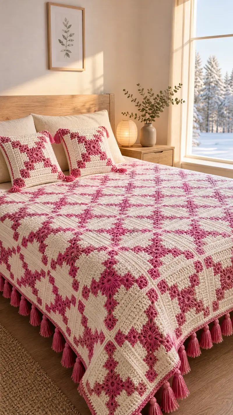 Rose-White Granny Square Bedspread Pattern crochet pattern - detailed view of completed project