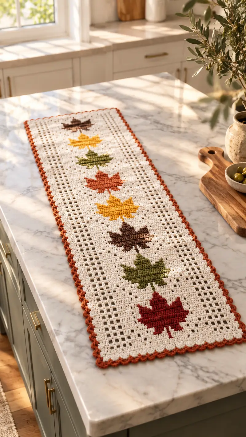 Autumn Maple Leaf Table Runner Pattern crochet pattern - detailed view of completed project