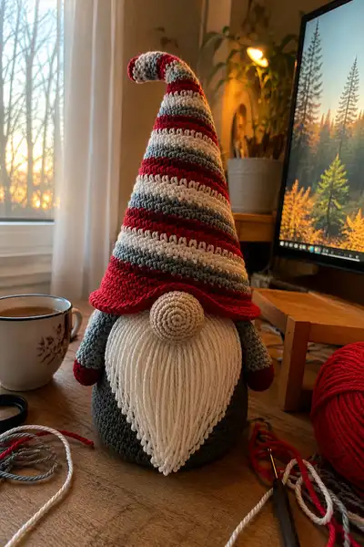 Big Christmas Gnome with Striped Hat and Button Nose Amigurumi Pattern step 1 - construction progress