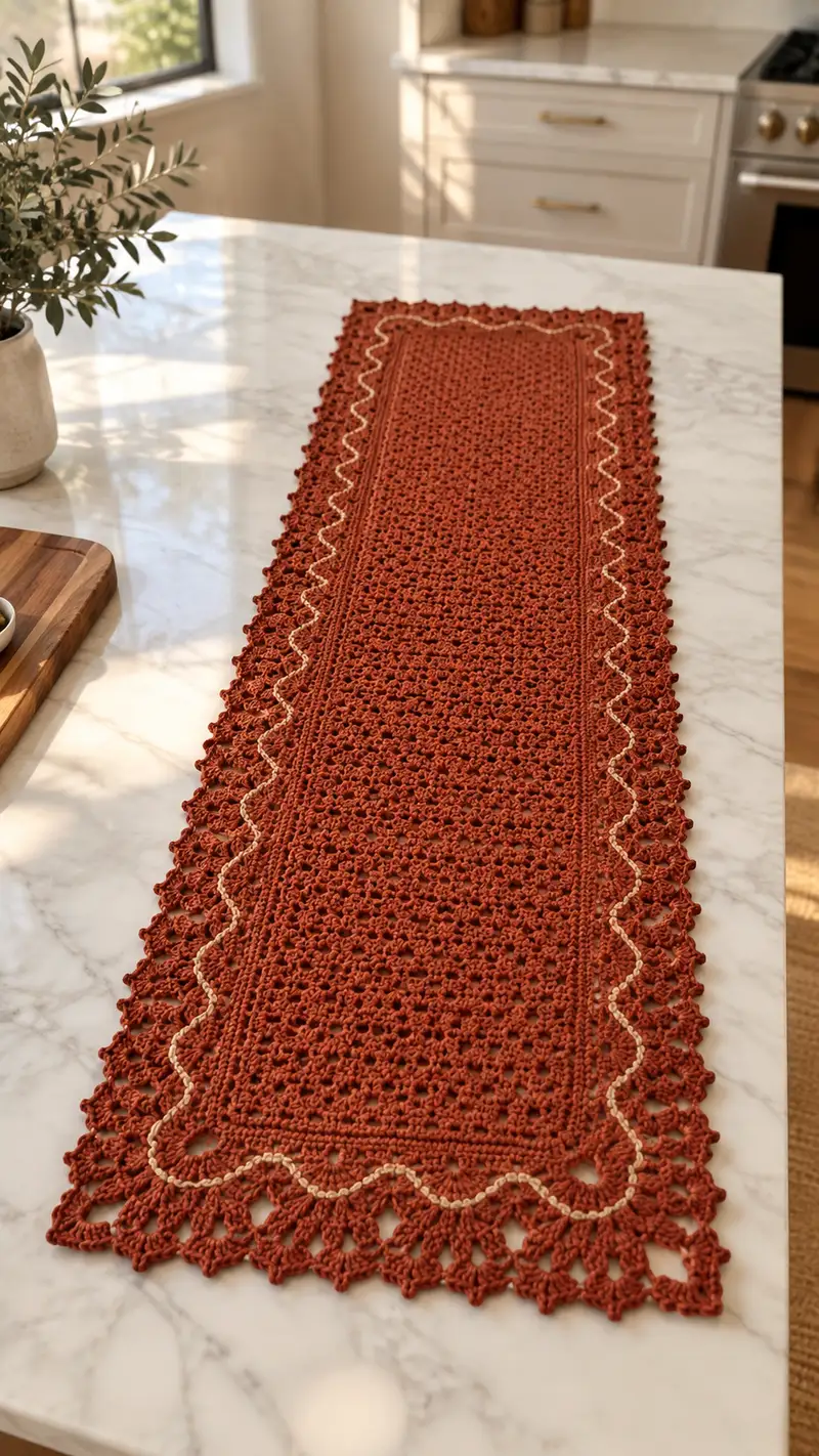 Rust Lace Table Runner Pattern crochet pattern - detailed view of completed project