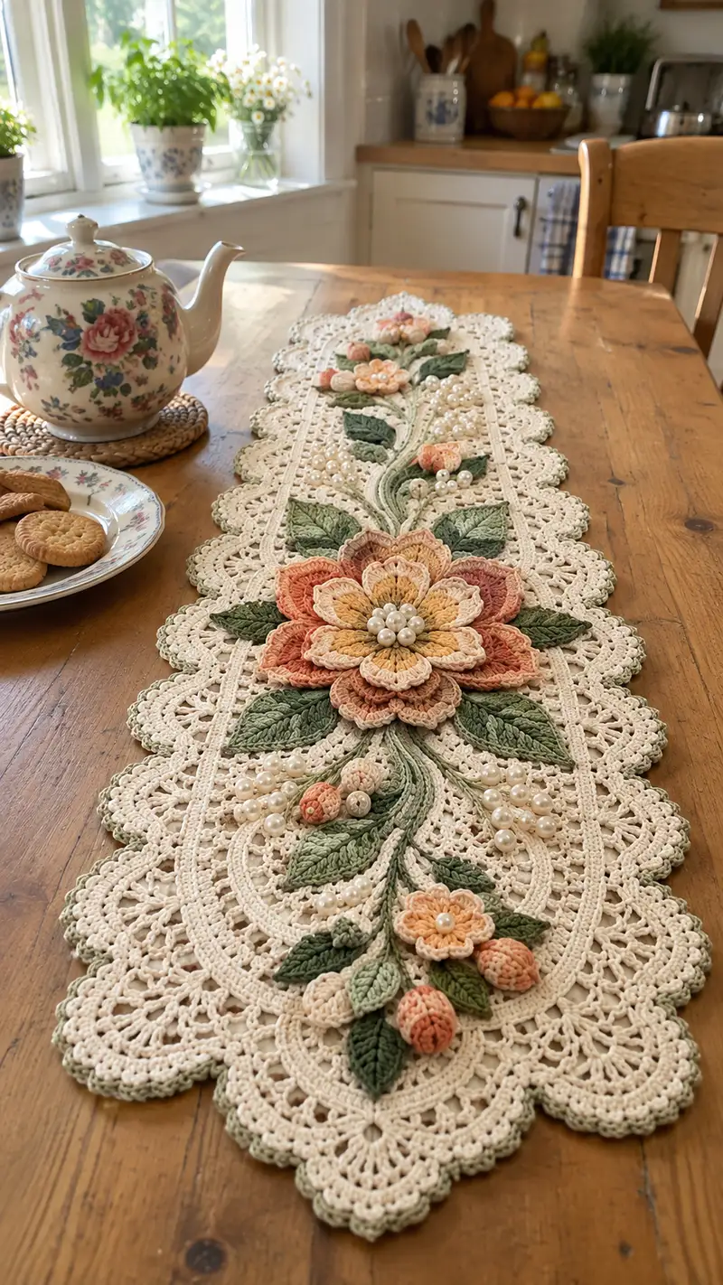 Vintage Floral Table Runner Pattern crochet pattern - detailed view of completed project