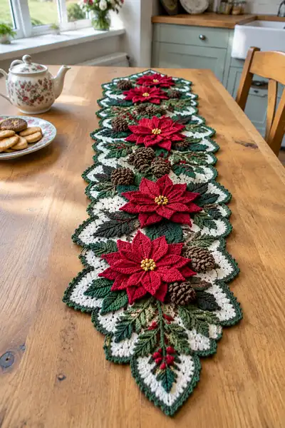 Christmas Rose and Pinecone Cascade Table Runner Pattern step 1 - construction progress