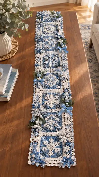 Blue & White Snowflake Table Runner Pattern step 1 - construction progress