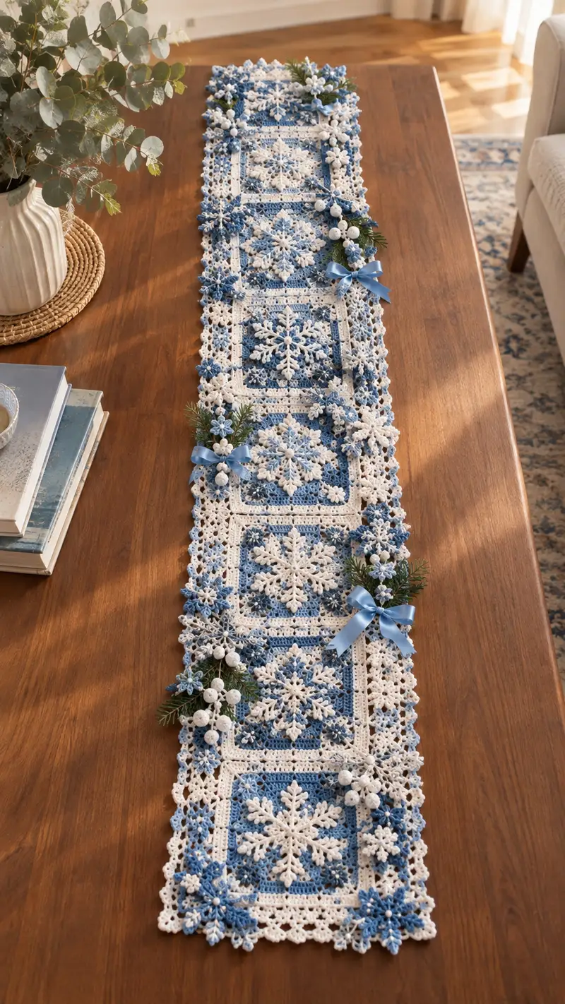 Blue & White Snowflake Table Runner Pattern crochet pattern - detailed view of completed project