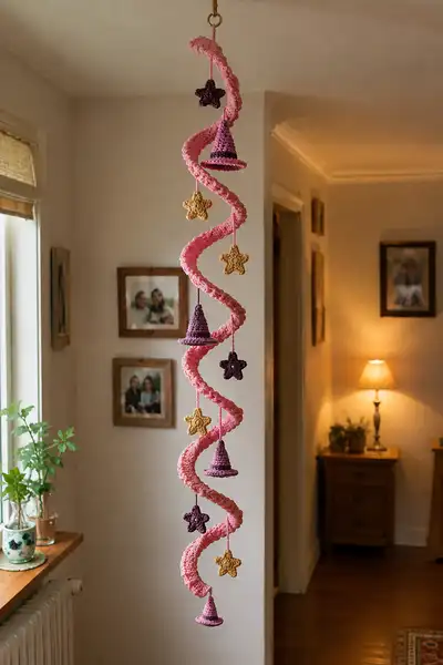 Rose Pink Roof Spiral Garland with Witch Hats and Stars Pattern step 1 - construction progress