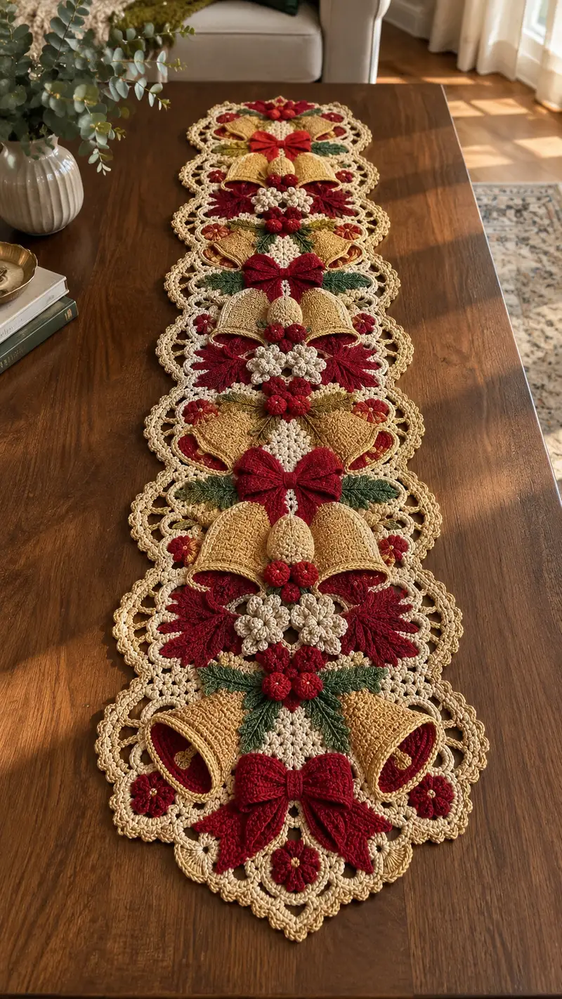Festive Bell & Bow Table Runner Pattern crochet pattern - detailed view of completed project