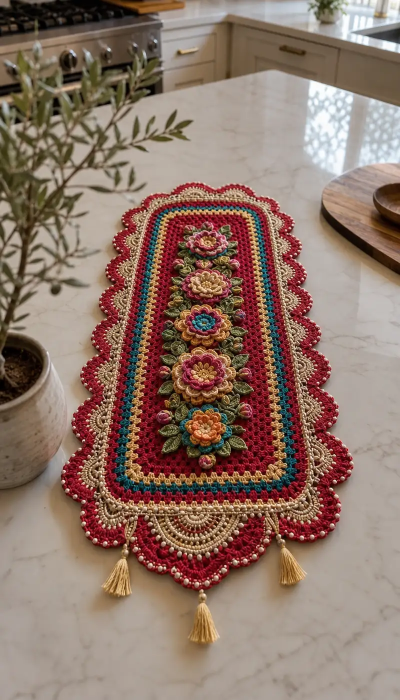 Vintage Floral Table Runner Pattern crochet pattern - detailed view of completed project