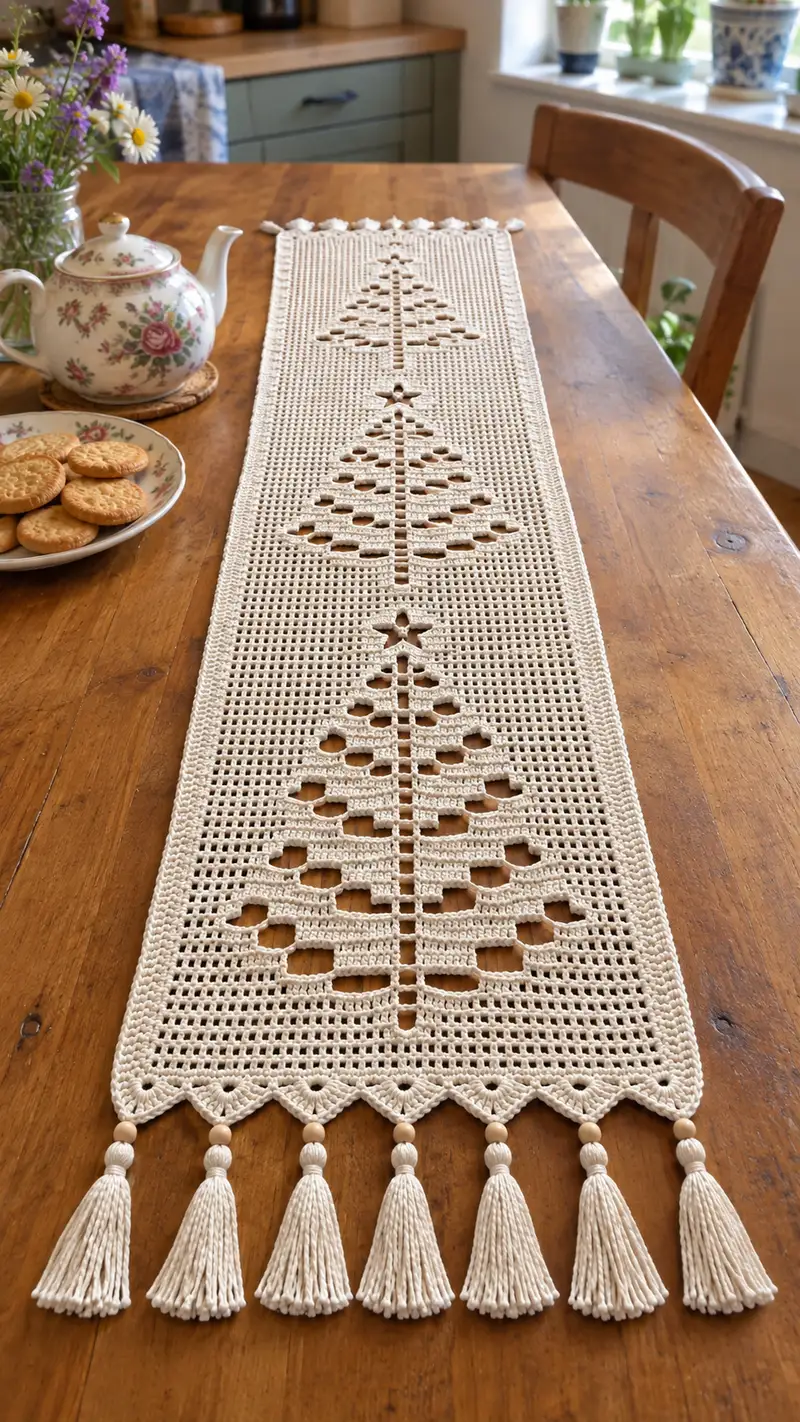 Elegant Tree Filet Table Runner Pattern crochet pattern - detailed view of completed project
