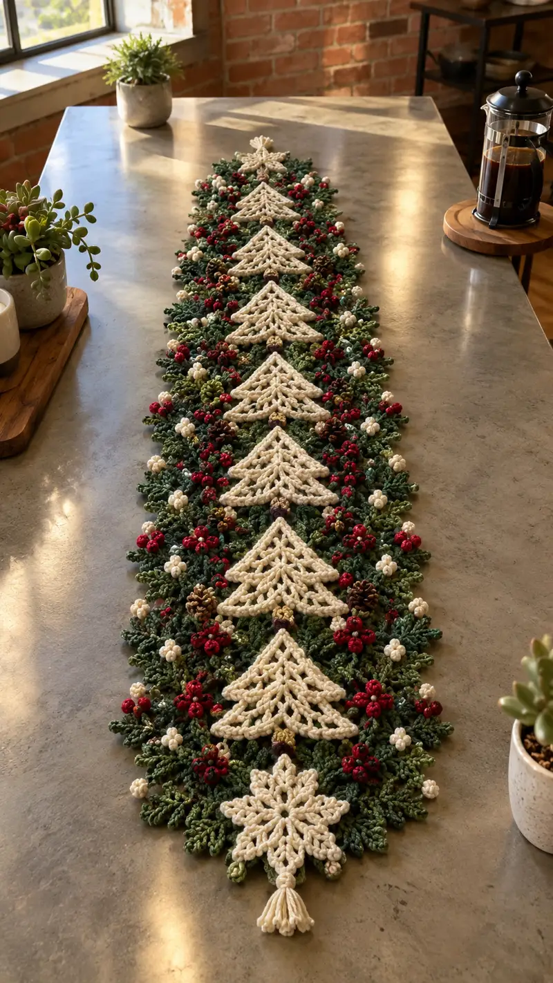 Cream Tree And Red Berry Table Runner Pattern crochet pattern - detailed view of completed project