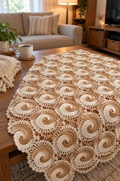 Textured Spiral Motif Bedspread Pattern step 2 - assembly progress