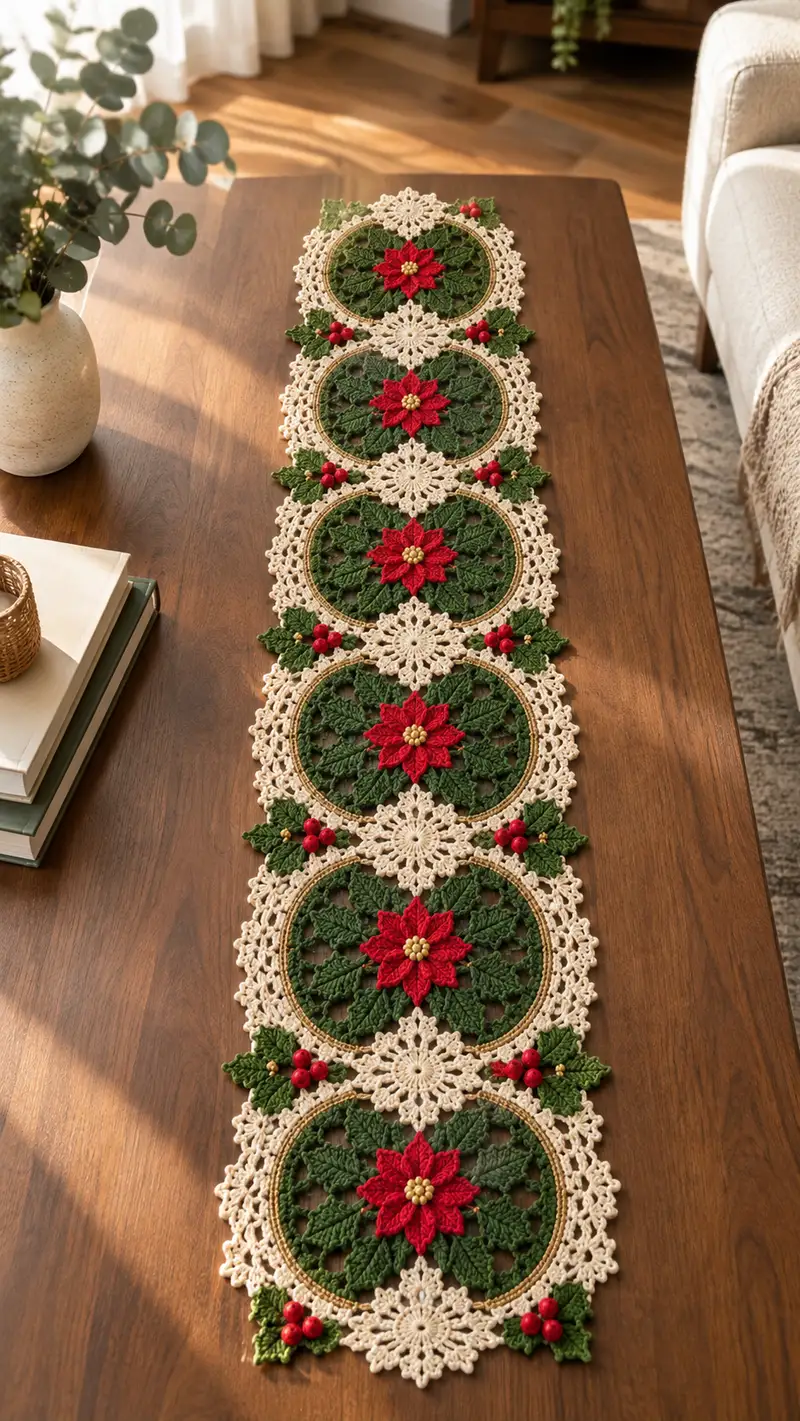 Poinsettia Holiday Table Runner Pattern crochet pattern - detailed view of completed project