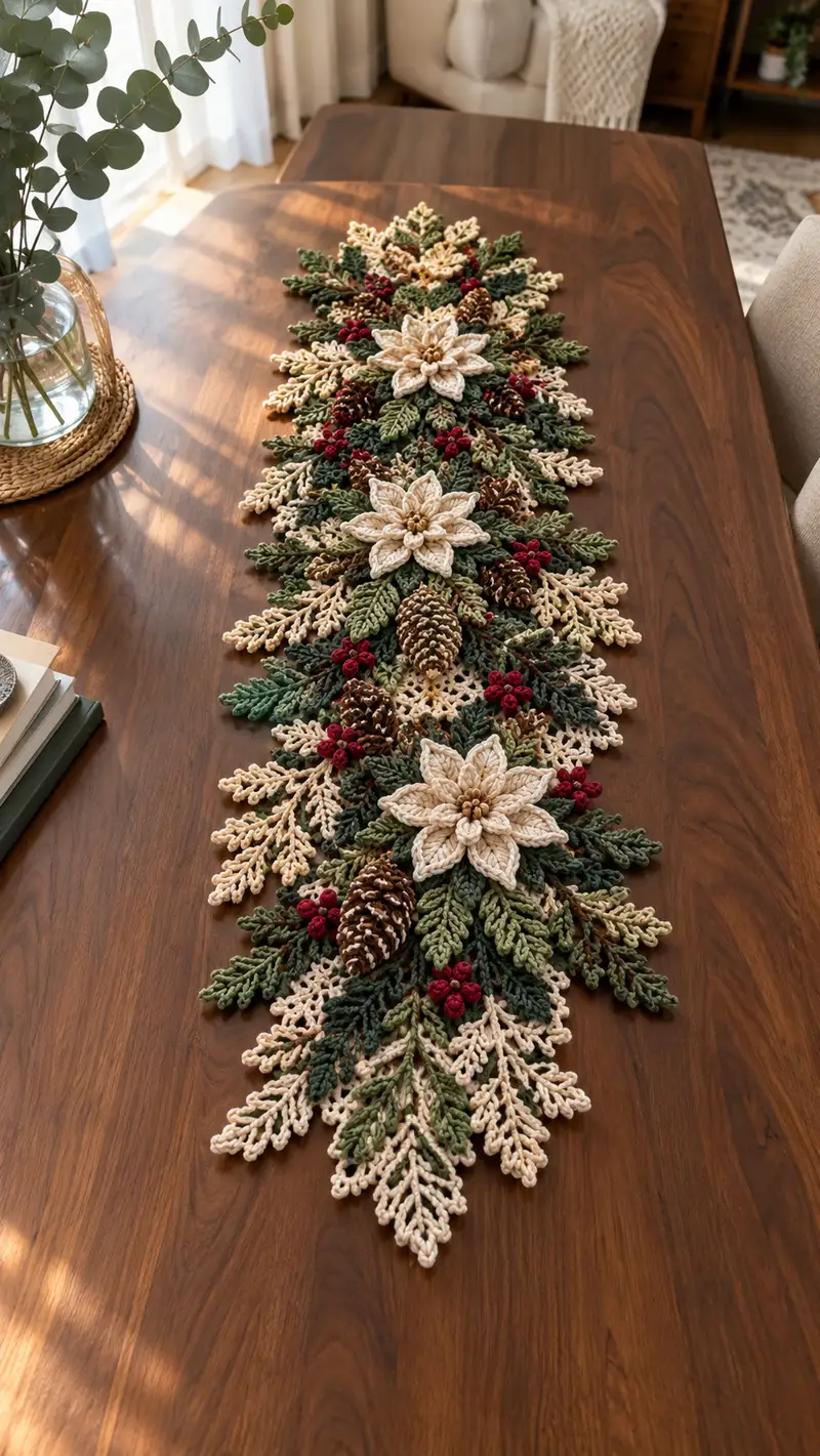 Cream Poinsettia And Green Pine Table Runner Pattern crochet pattern - detailed view of completed project
