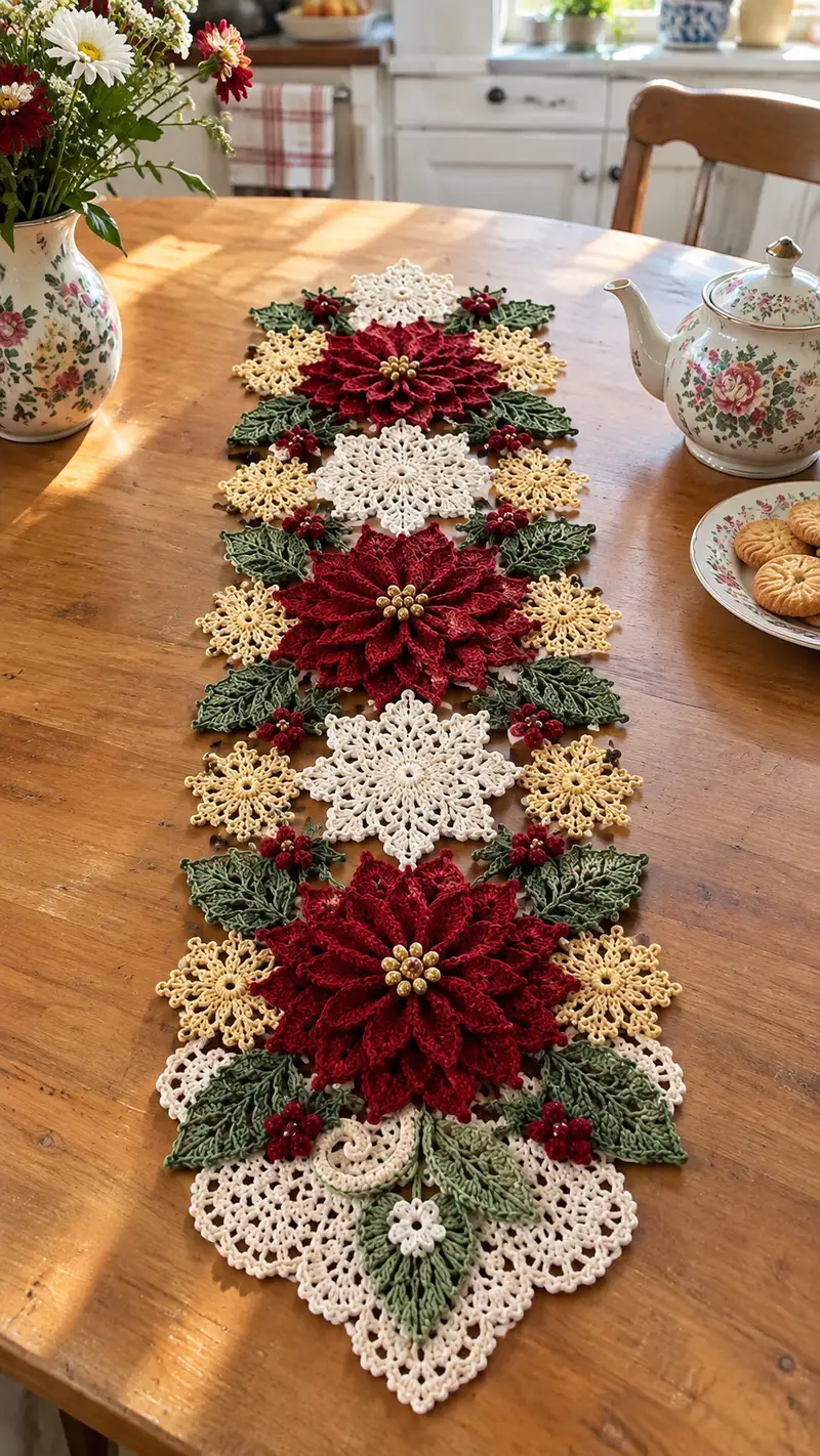 Poinsettia Lace Table Runner Pattern crochet pattern - detailed view of completed project