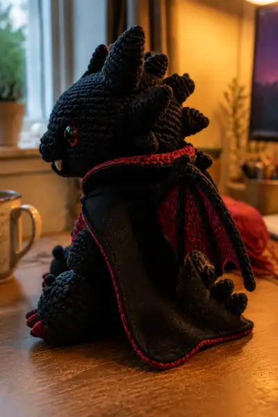 Big Vampire Dragon with Black Cape and Tiny Fangs Amigurumi Pattern step 2 - assembly progress