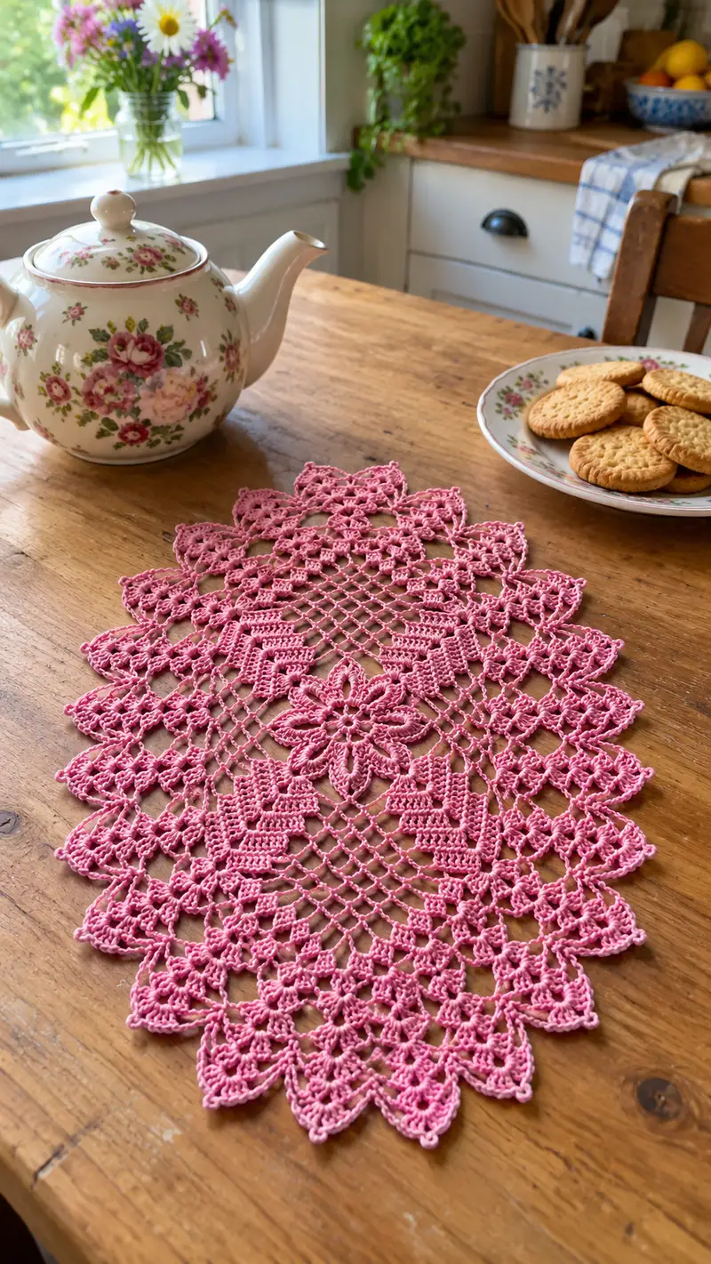 Vintage Pink Lace Table Runner Pattern crochet pattern - detailed view of completed project