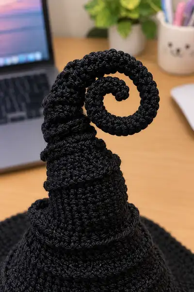 Whimsical Curled Witch Hat Pattern step 2 - assembly progress