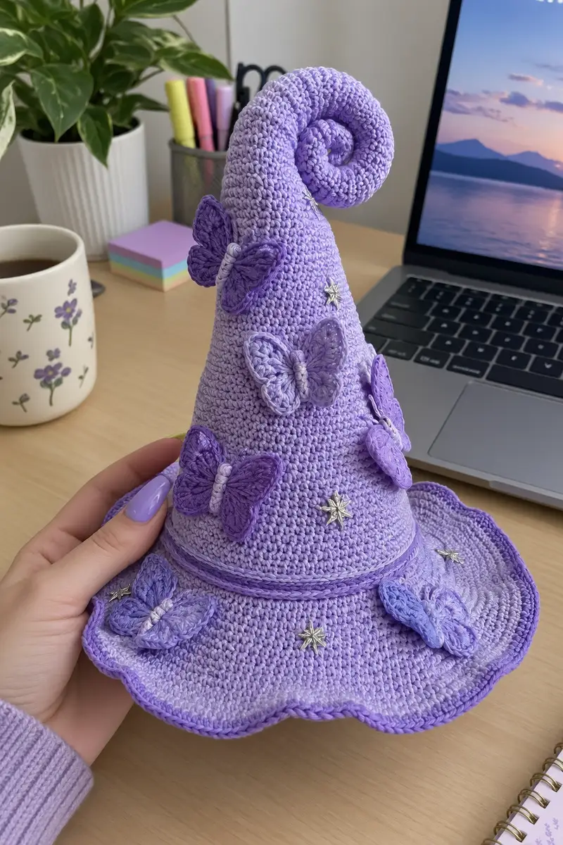 Big Lavender Spiral Witch Hat with Butterflies and Silver Stars Pattern crochet pattern - detailed view of completed project