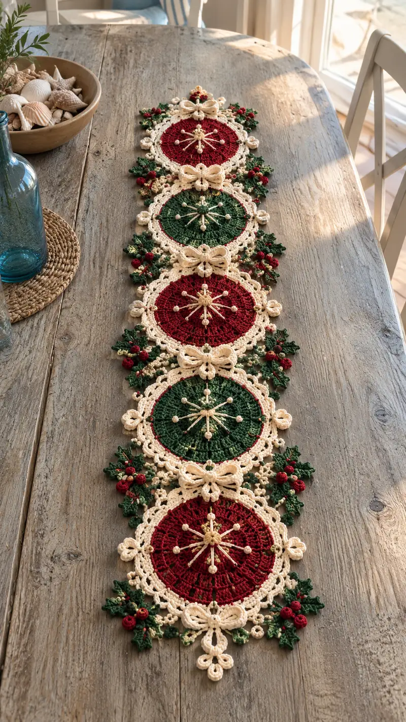 Red And Green Starburst Lace Table Runner Pattern crochet pattern - detailed view of completed project