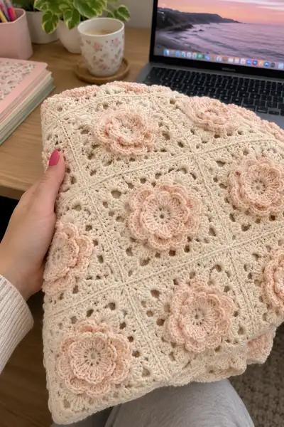 Floral Granny Square Bedspread Pattern step 1 - construction progress