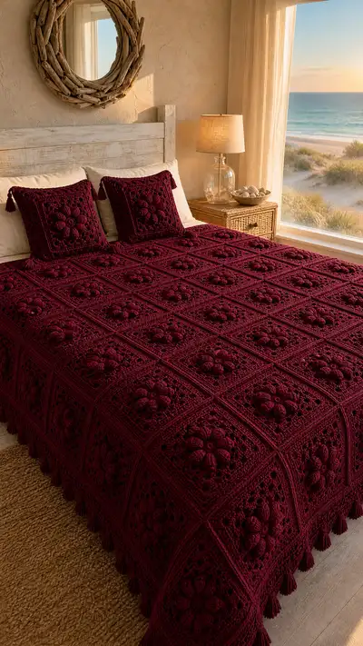 Deep Wine Granny Square Bedspread Pattern step 1 - construction progress