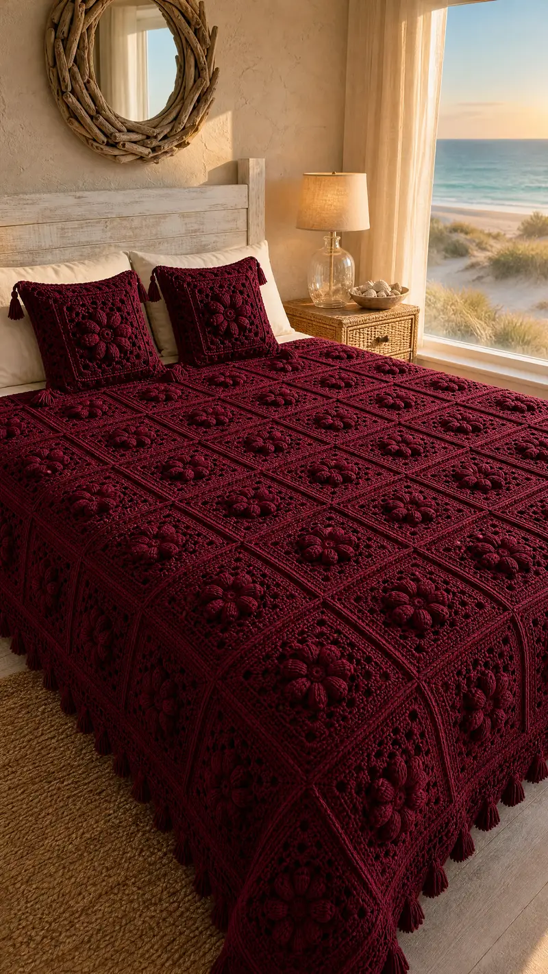 Deep Wine Granny Square Bedspread Pattern crochet pattern - detailed view of completed project