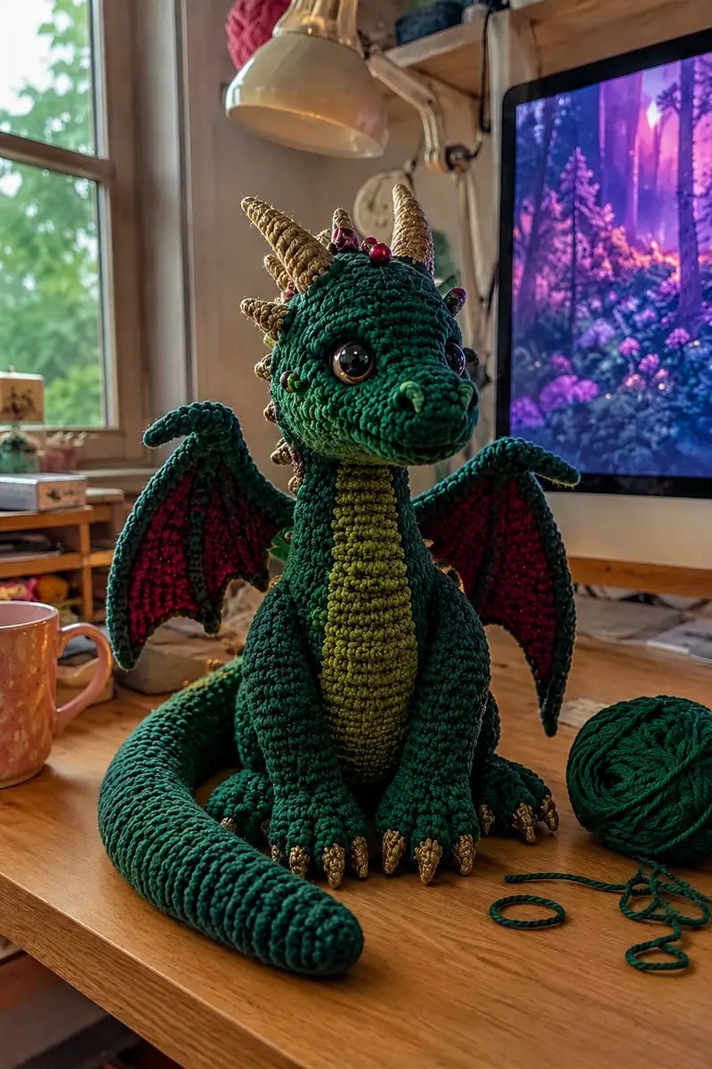 Big Emerald Dragon Amigurumi Pattern crochet pattern - detailed view of completed project