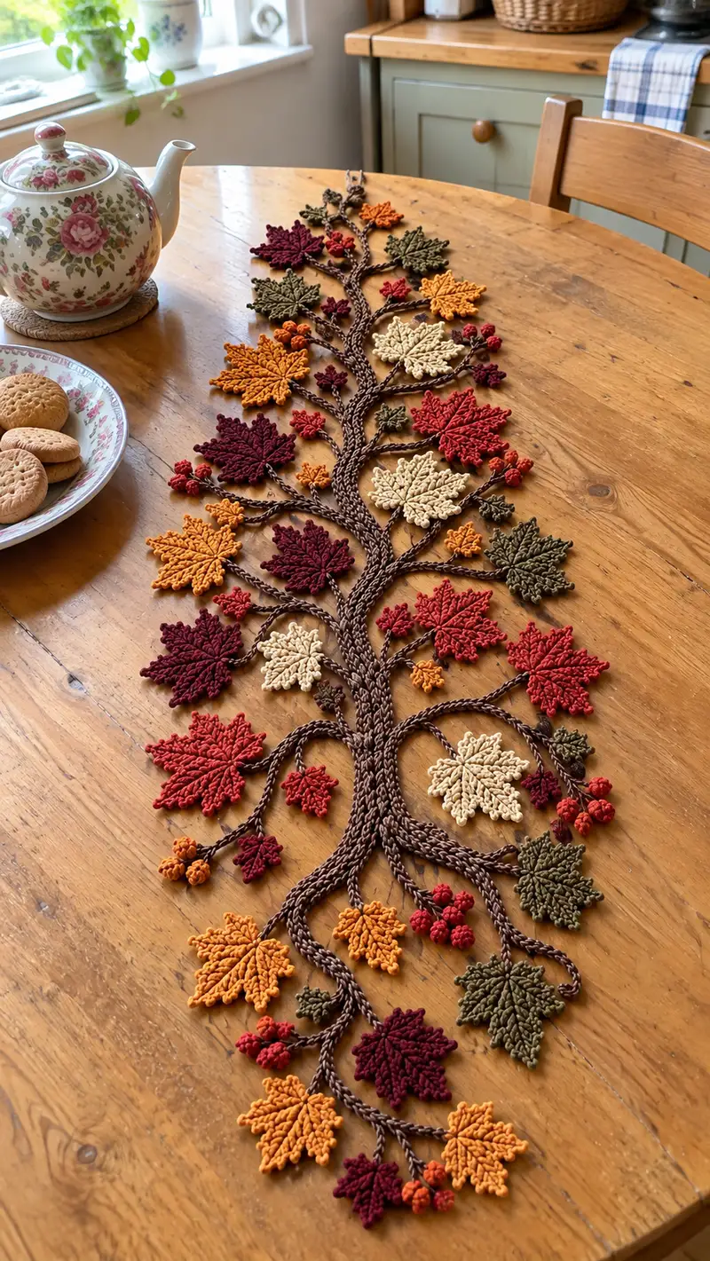 Autumn Branch Table Runner Pattern crochet pattern - detailed view of completed project