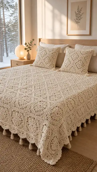 Ivory Scalloped Granny Square Bedspread Pattern step 1 - construction progress