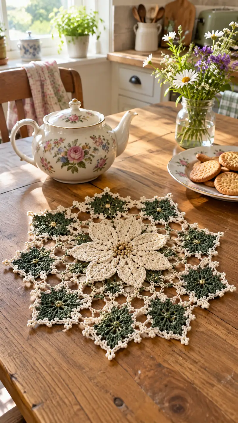 Poinsettia Lace Table Centerpiece Pattern crochet pattern - detailed view of completed project