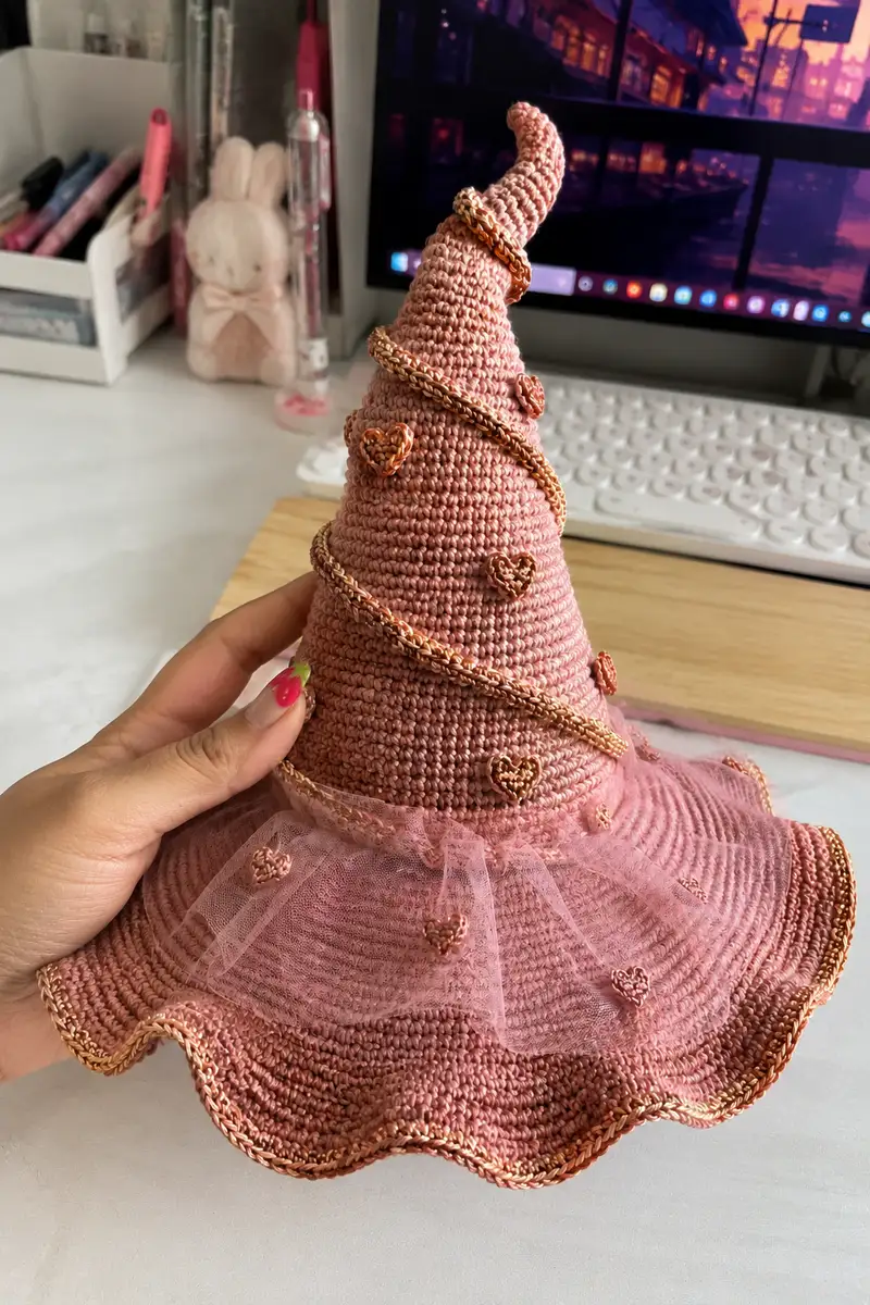Big Rose Gold Spiral Witch Hat with Tiny Hearts and Veil Pattern crochet pattern - detailed view of completed project