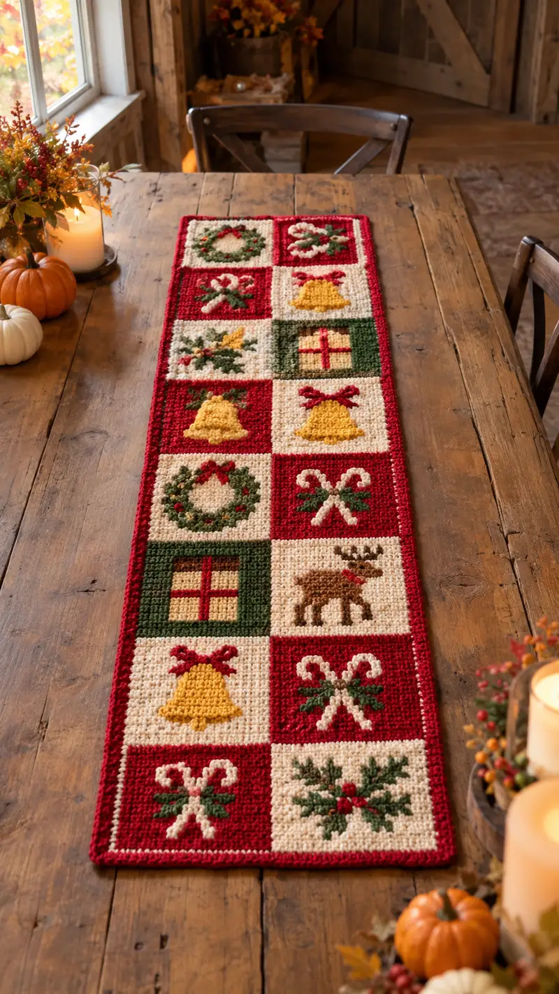 Classic Holiday Squares Table Runner Pattern crochet pattern - detailed view of completed project