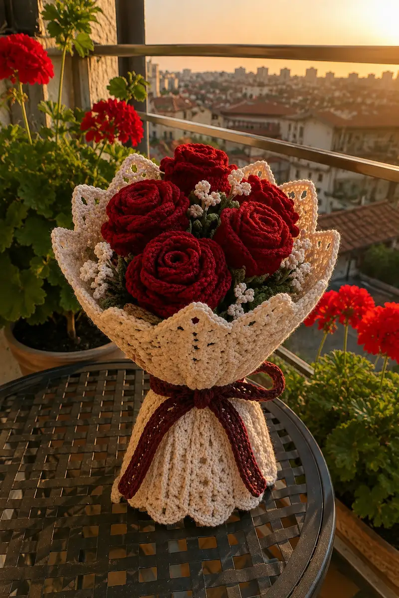 Red Rose Romantic Crochet Bouquet Pattern crochet pattern - detailed view of completed project