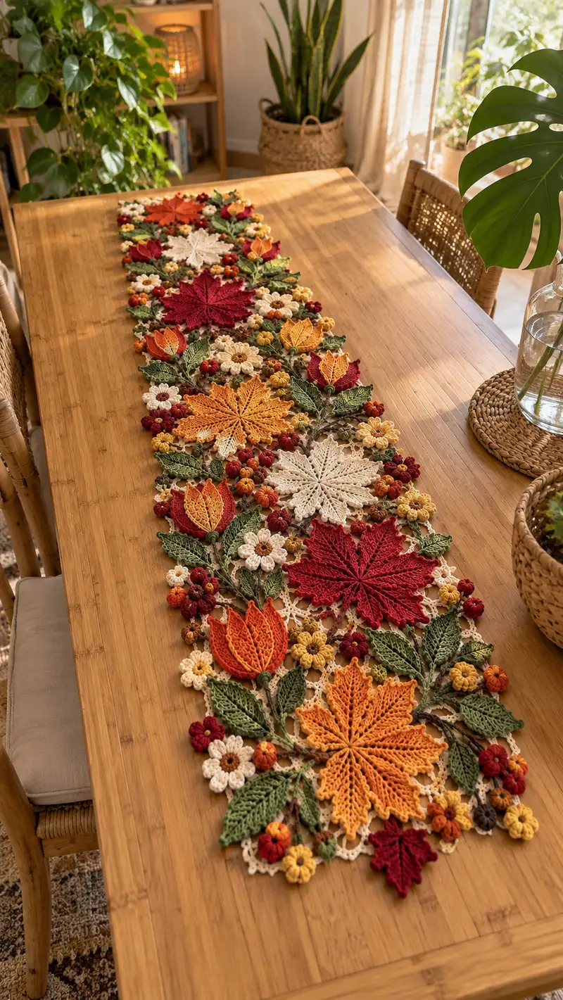 Autumn Floral Table Runner Pattern crochet pattern - detailed view of completed project