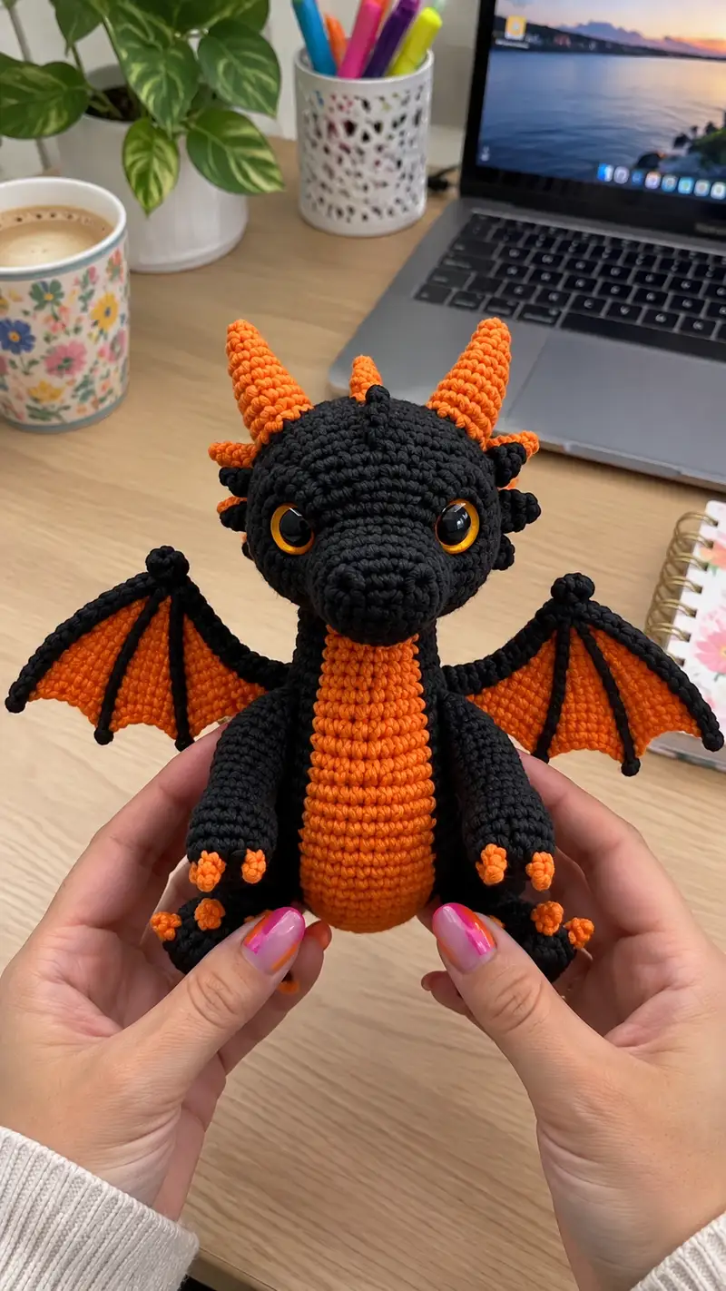 Black and Orange Dragon Amigurumi Pattern crochet pattern - detailed view of completed project