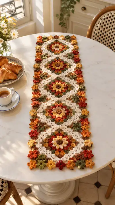 Cream And Mustard Floral Granny Table Runner Pattern step 1 - construction progress