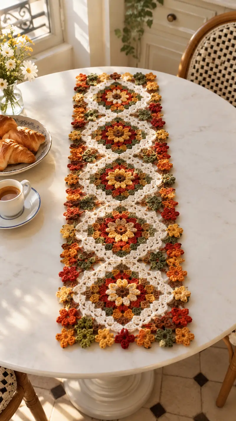 Cream And Mustard Floral Granny Table Runner Pattern crochet pattern - detailed view of completed project