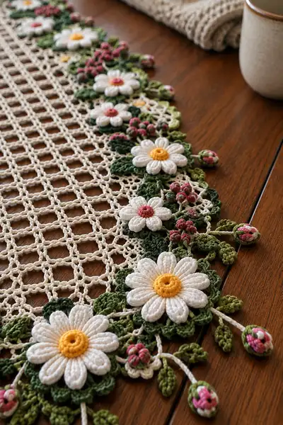 Open Mesh Lace Table Runner with Daisy Vines and Berry Buds Pattern step 2 - assembly progress