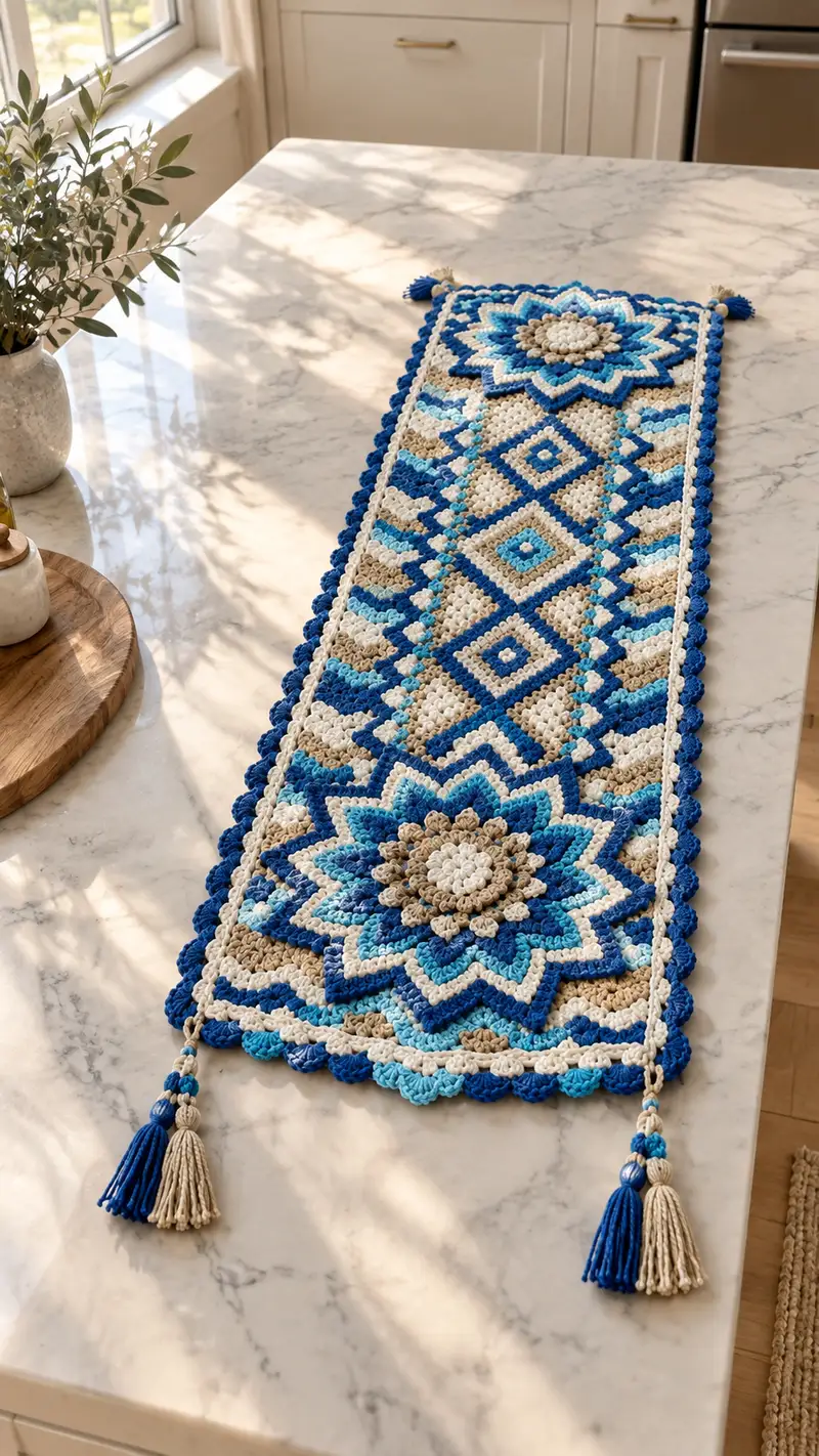 Blue Mosaic Floral Table Runner Pattern crochet pattern - detailed view of completed project