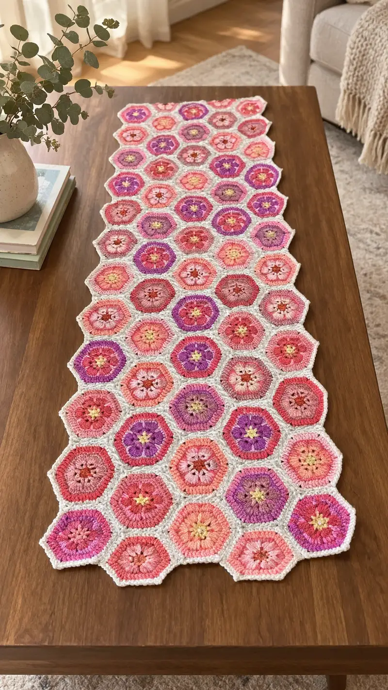 Hexagon Floral Table Runner Pattern crochet pattern - detailed view of completed project