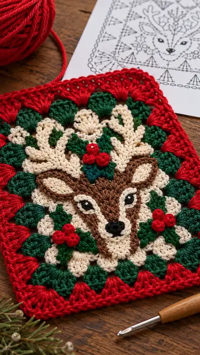 Festive Reindeer Square Crochet Pattern step 2 - assembly progress
