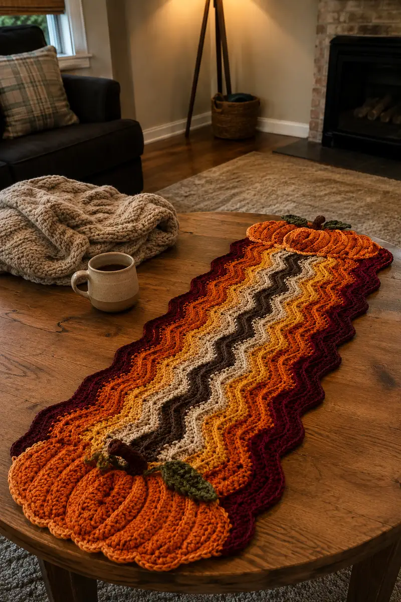 Autumn Sunset Ripple Table Runner Pattern crochet pattern - detailed view of completed project