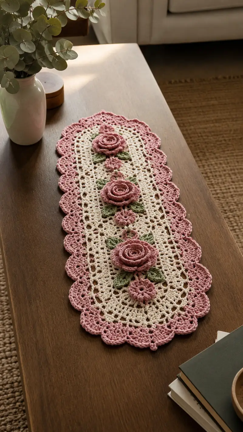 Pink Rose And Cream Lace Table Runner Pattern crochet pattern - detailed view of completed project